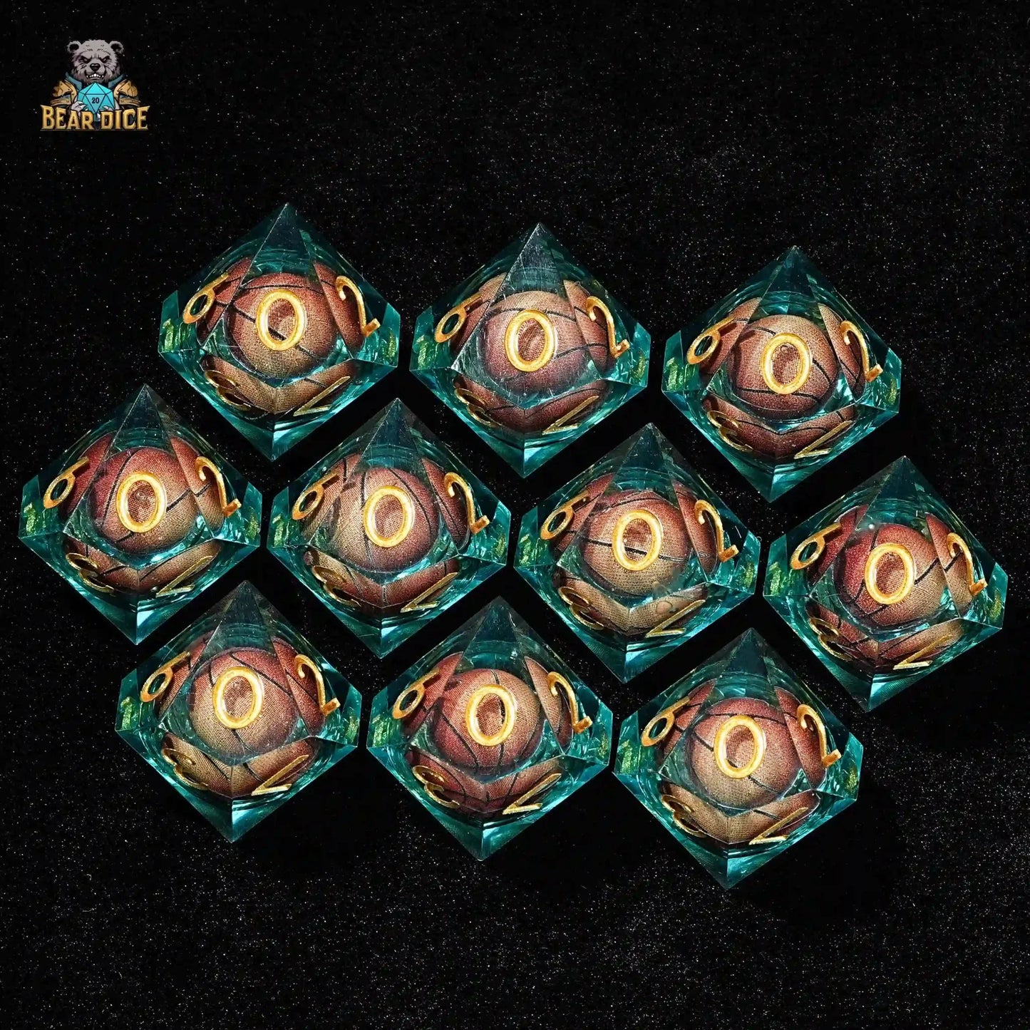 Blue Clear Resin D10 Dice - Basketball Liquid Core 10 Sided Dice