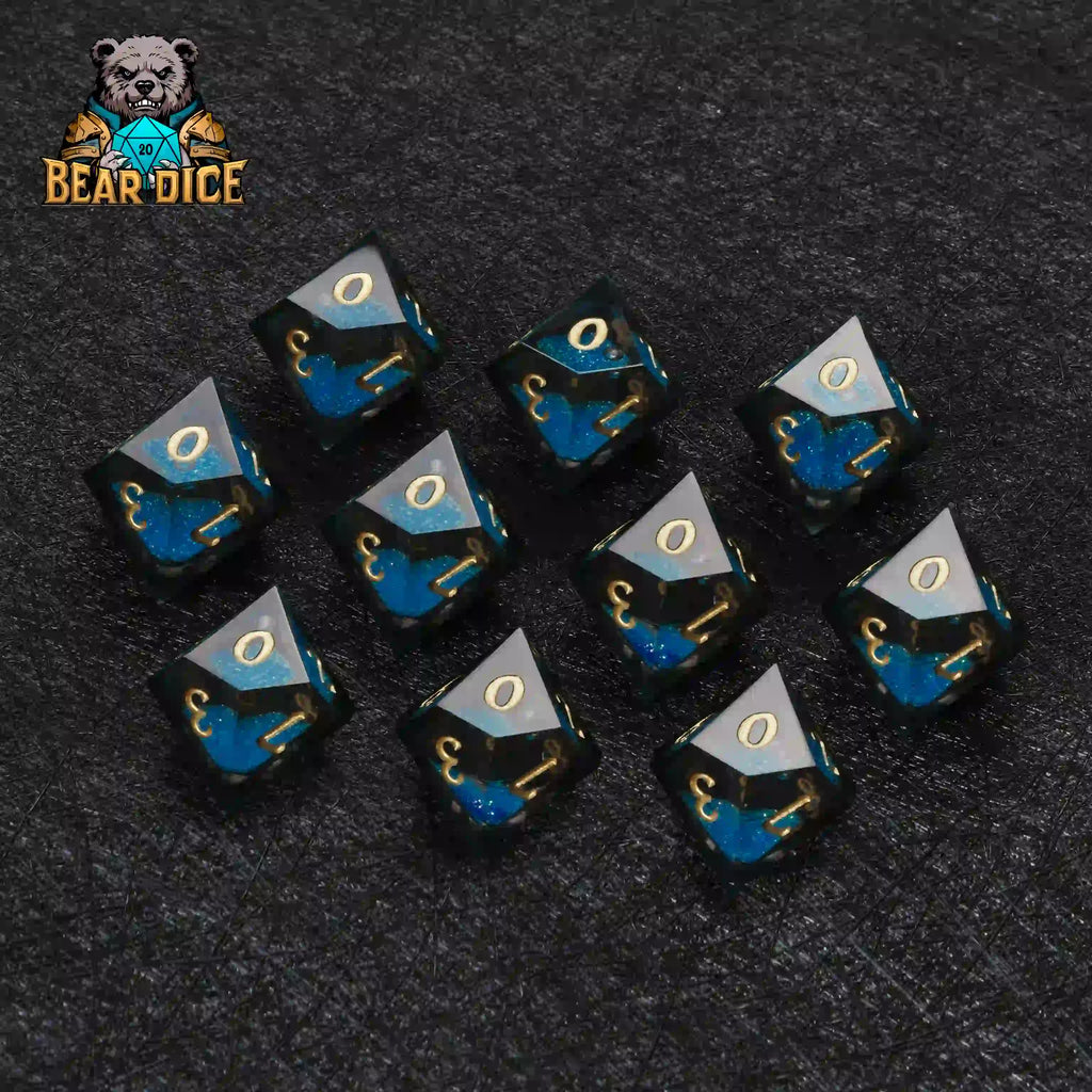 Blue Liquid Core Resin D10 Dice Set + Gold Numerals (D10 Dice)