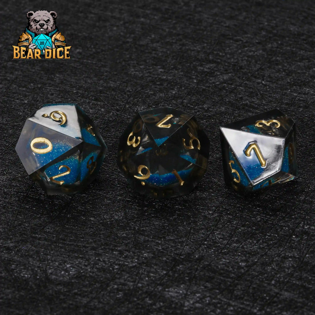 Blue Liquid Core Resin D10 Dice Set + Gold Numerals (D10 Dice)