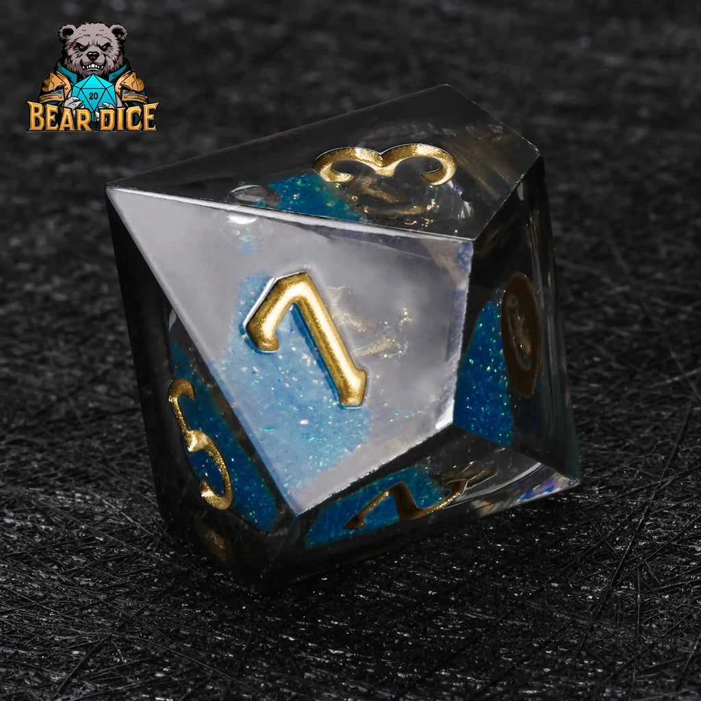 Blue Liquid Core Resin D10 Dice Set + Gold Numerals (D10 Dice)