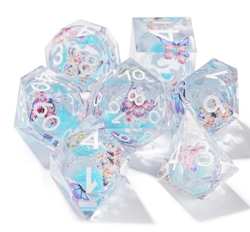 Blue Quicksand Butterfly Resin Liquid Core Dice Set + White Numbers