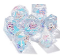 Blue Quicksand Butterfly Resin Liquid Core Dice Set + White Numbers