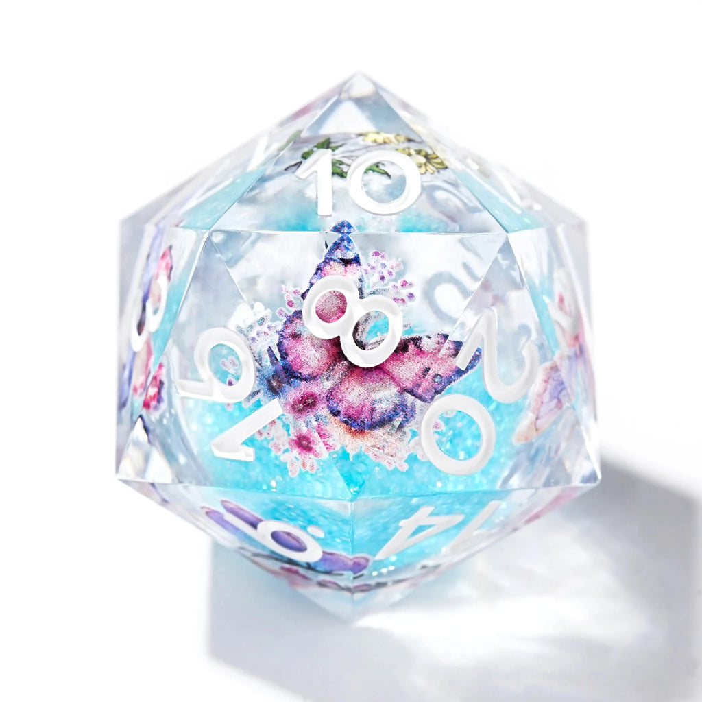 Blue Quicksand Butterfly Resin Liquid Core Dice Set + White Numbers