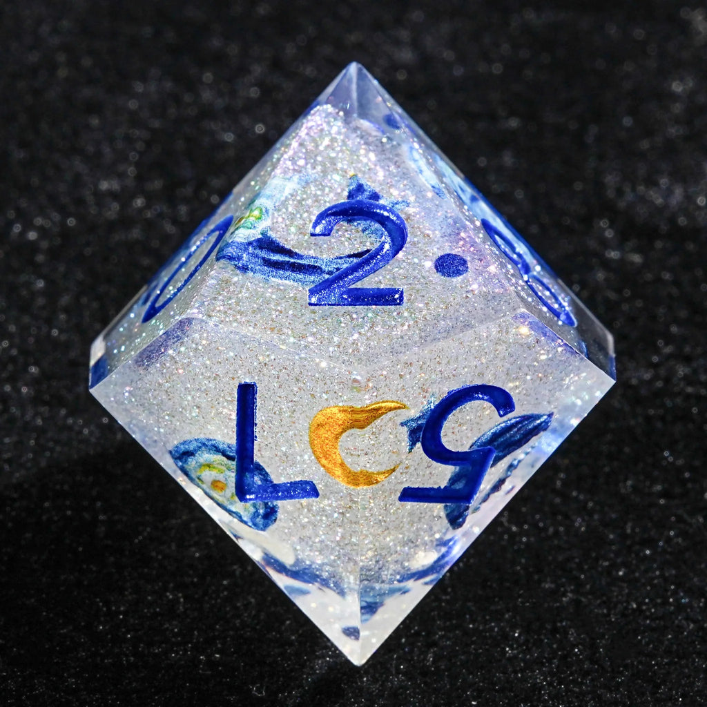 Blue Resin Solid Van Gogh DND Dice Set + Blue Numbers