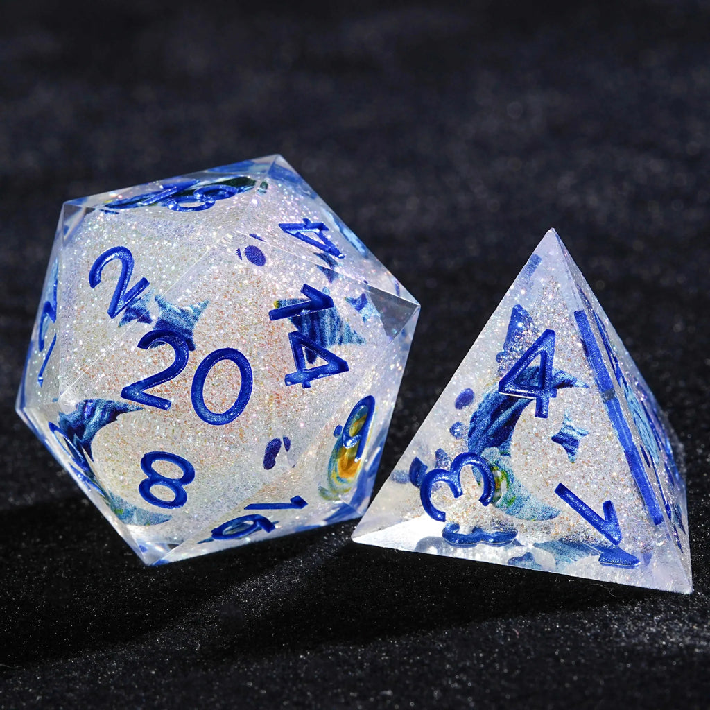 Blue Resin Solid Van Gogh DND Dice Set + Blue Numbers