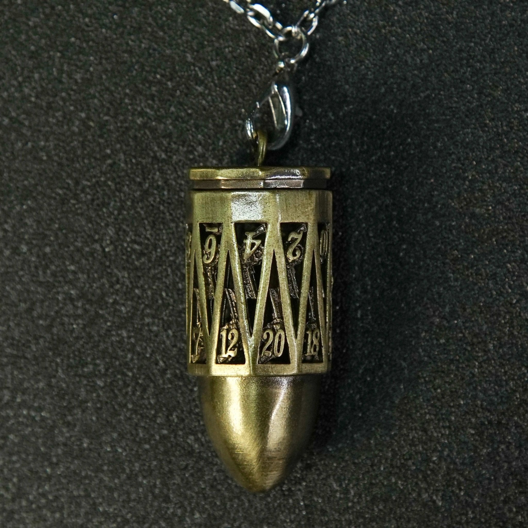 Bronze Metal Hollow D20 Bullet Dice Cage Pendant + 7 Mini RPG Dice Set