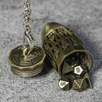 Bronze Metal Hollow D20 Bullet Dice Cage Pendant + 7 Mini RPG Dice Set