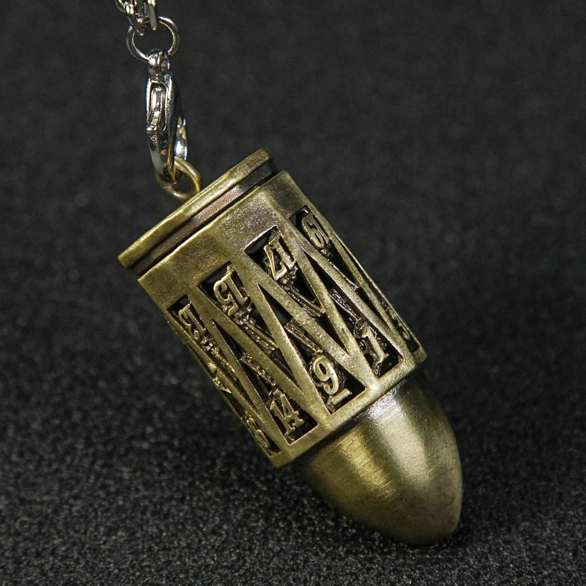 Bronze Metal Hollow D20 Bullet Dice Cage Pendant + 7 Mini RPG Dice Set