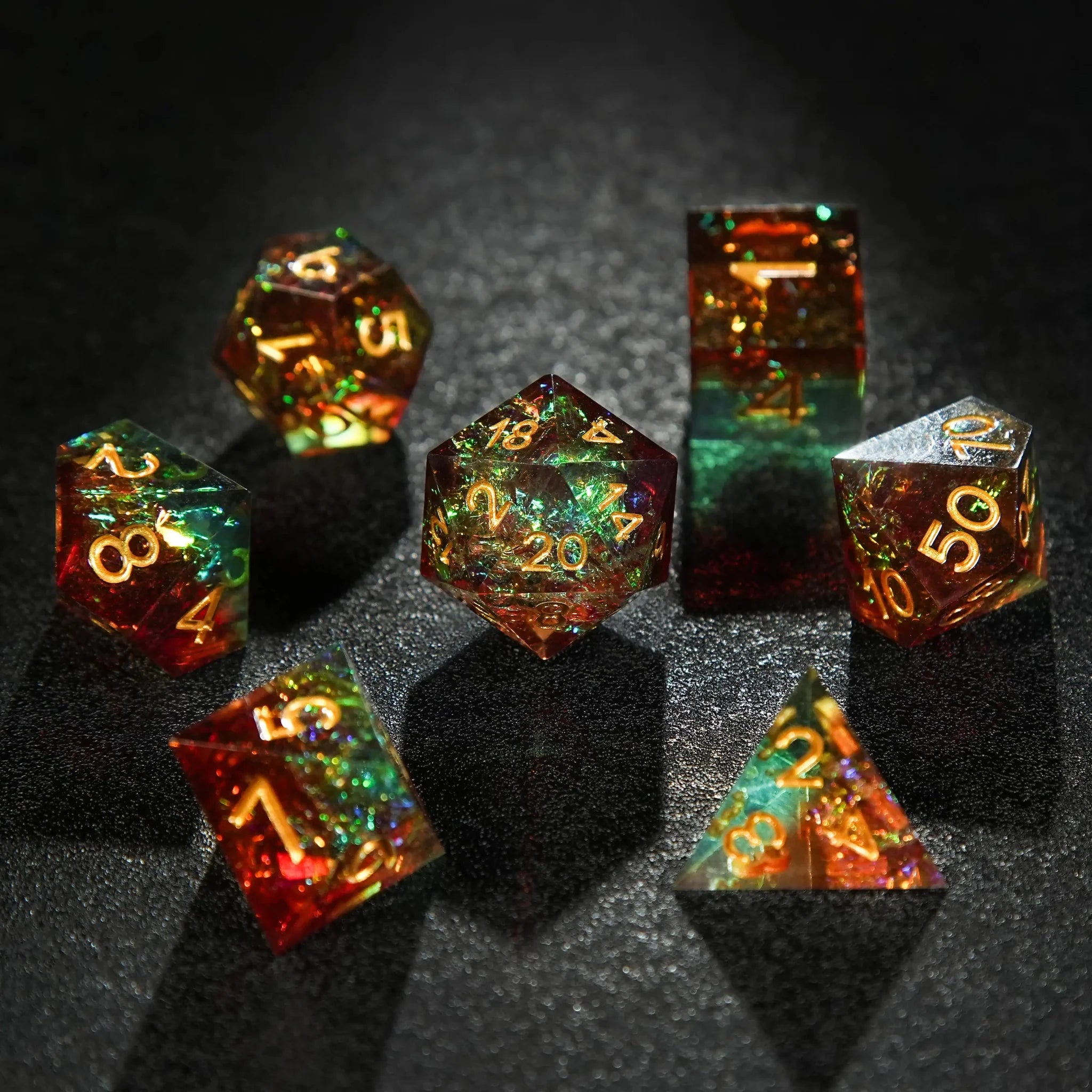 Brown Green Resin DND Dice Set + Gold Font