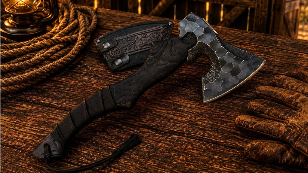 Bushcraft Hatchet D2 Steel Axe with Ash Wood Handle & Sheath