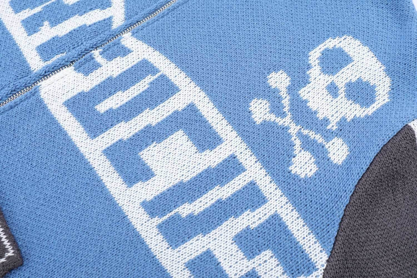 Easy Skull Knit Bomber Jacket - Blue / M