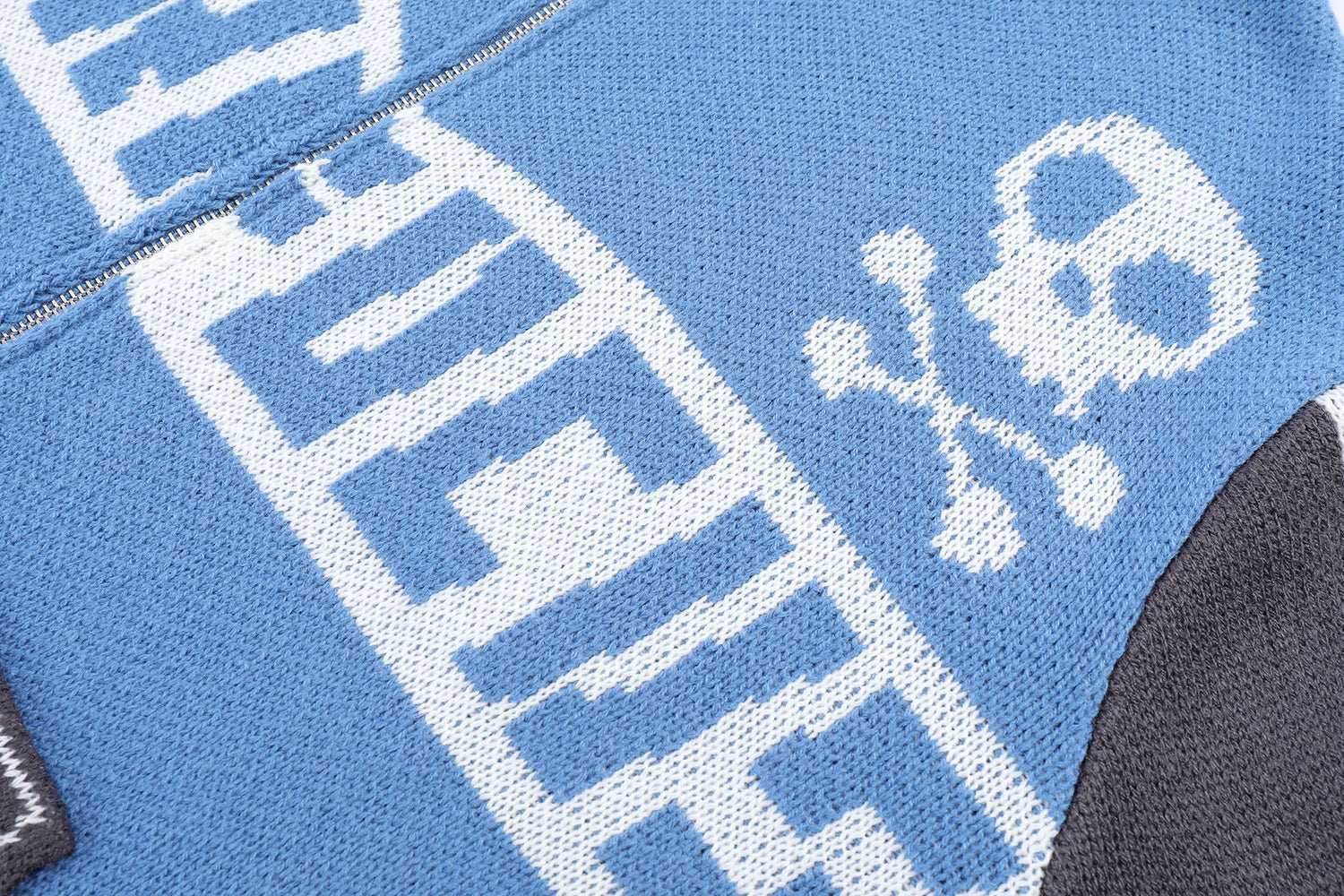 Easy Skull Knit Bomber Jacket - Blue / M