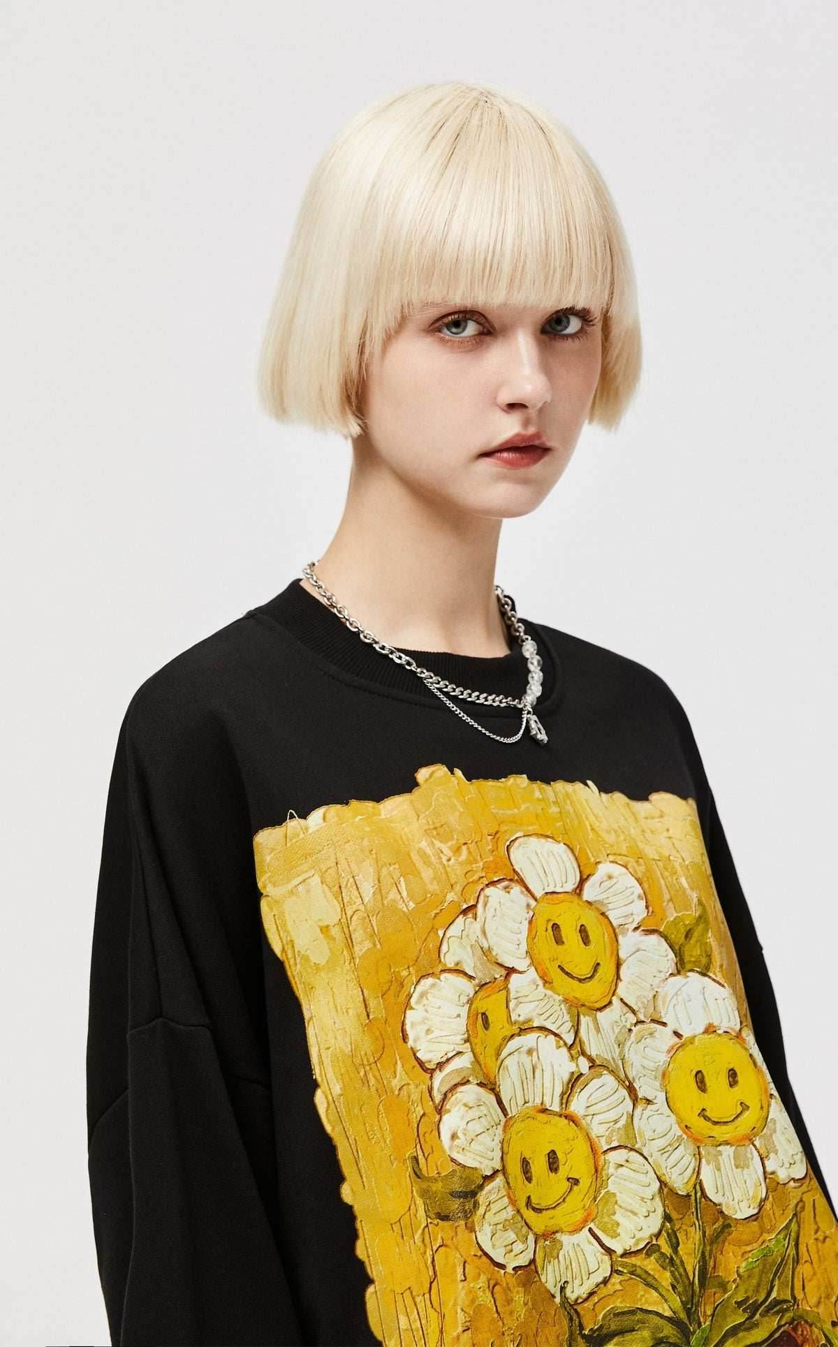 Daisy Flower Splash Art Crew - Black / S