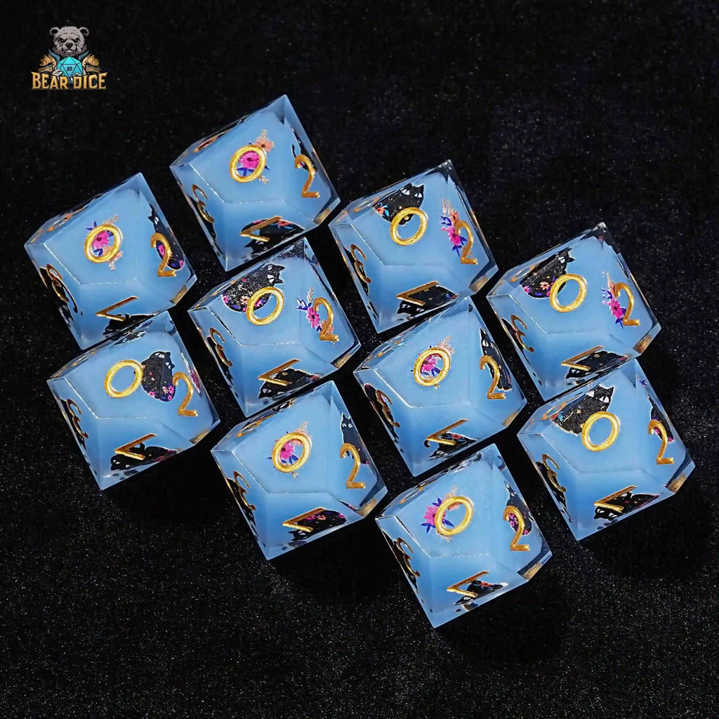 Charming Adorable Cat Blue Resin 10 Sided Dice (D10 Dice)