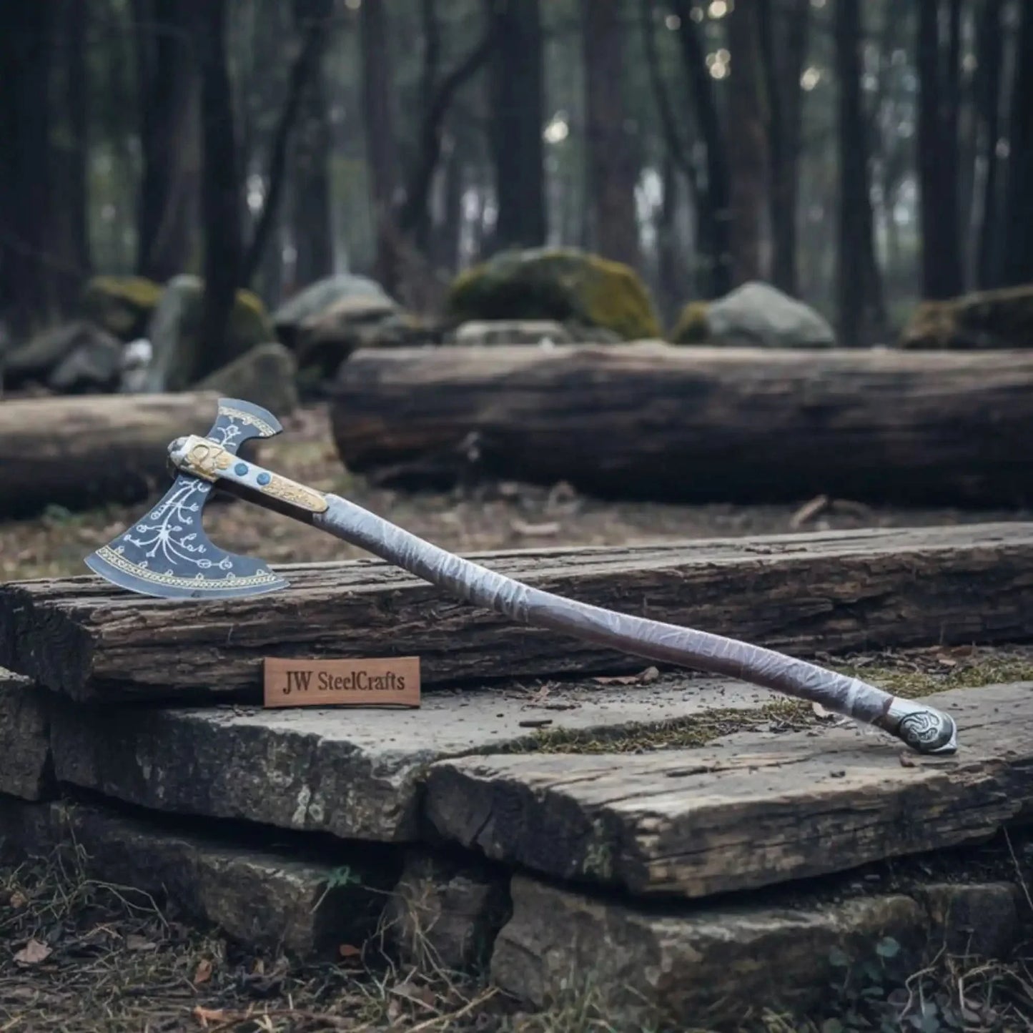 Hand-Forged Viking Double-Bit Fantasy Display Axe with Engraved Head