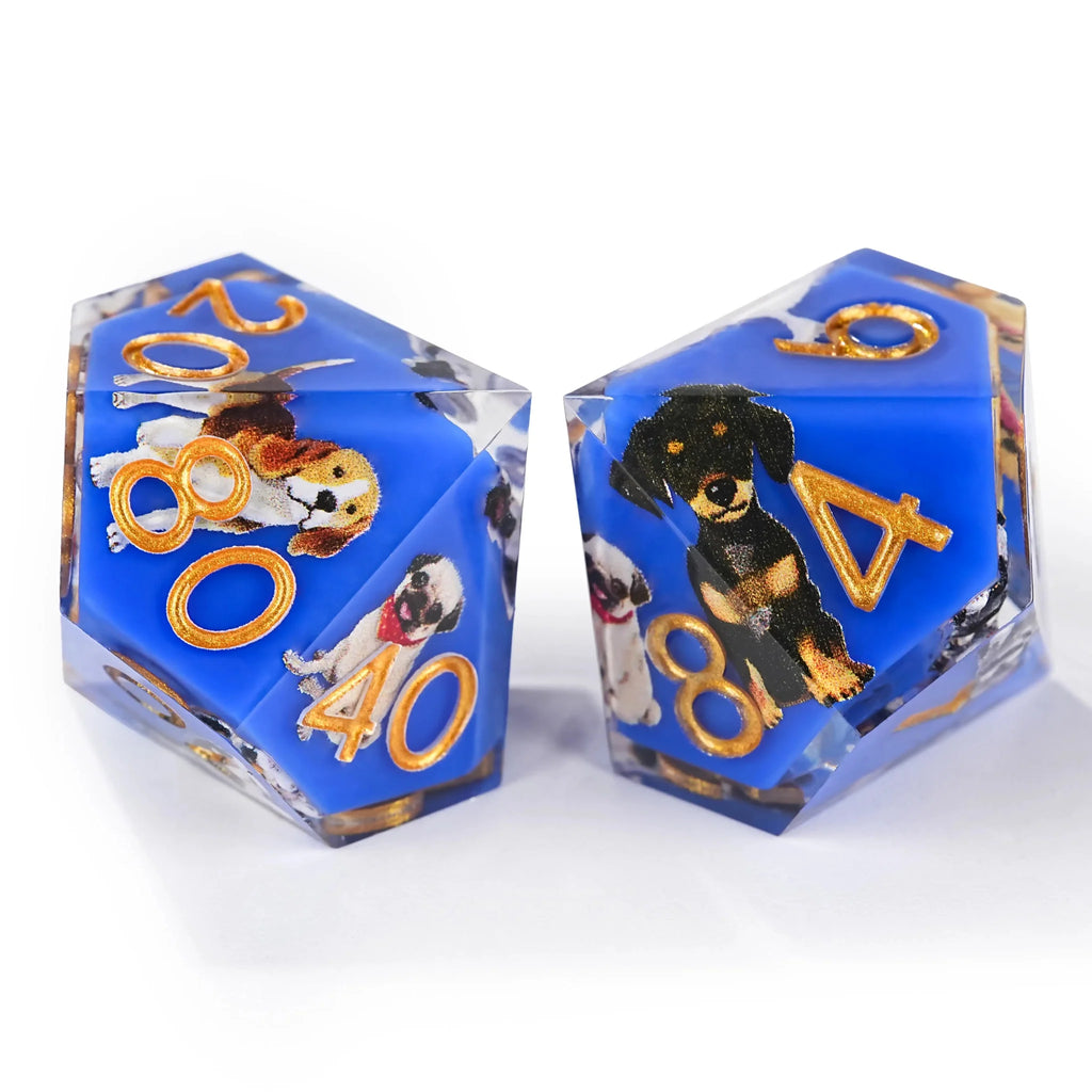 Colorful blue transparent resin cute dog pattern dice set + gold font