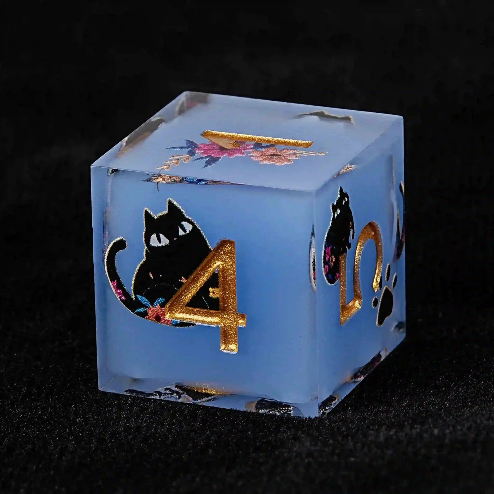 Cool dice sets: 7 gold font polyhedron dnd black cat resin dice