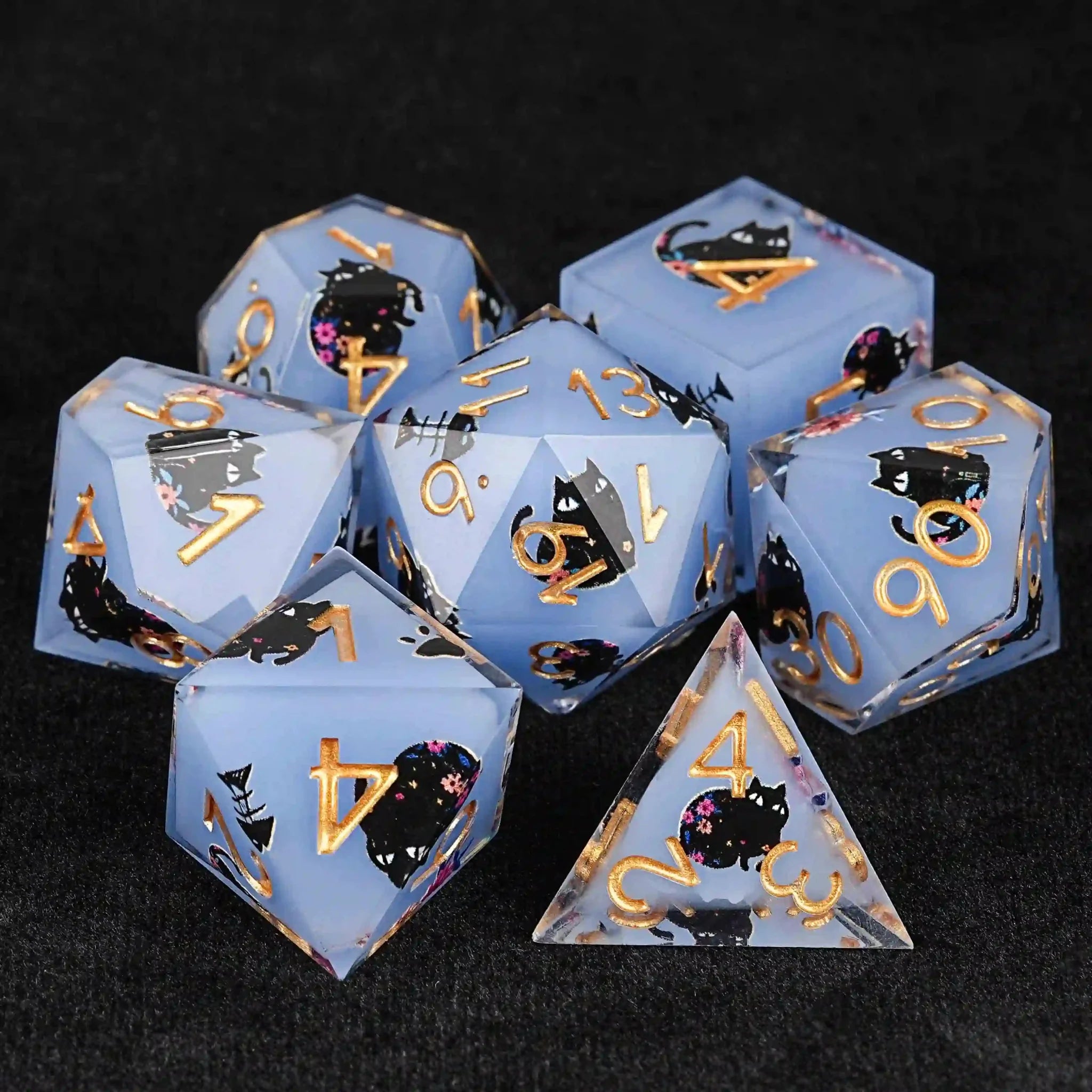 Cool dice sets: 7 gold font polyhedron dnd black cat resin dice