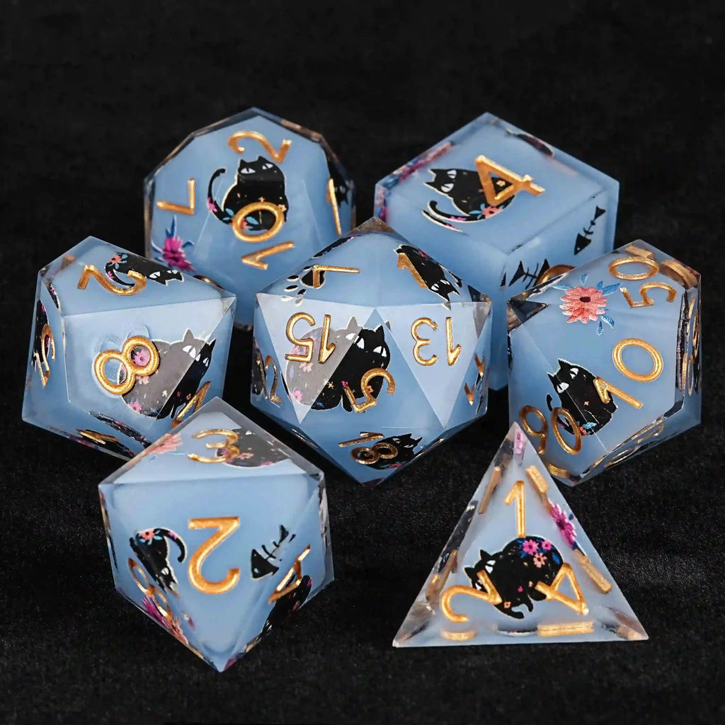 Cool dice sets: 7 gold font polyhedron dnd black cat resin dice