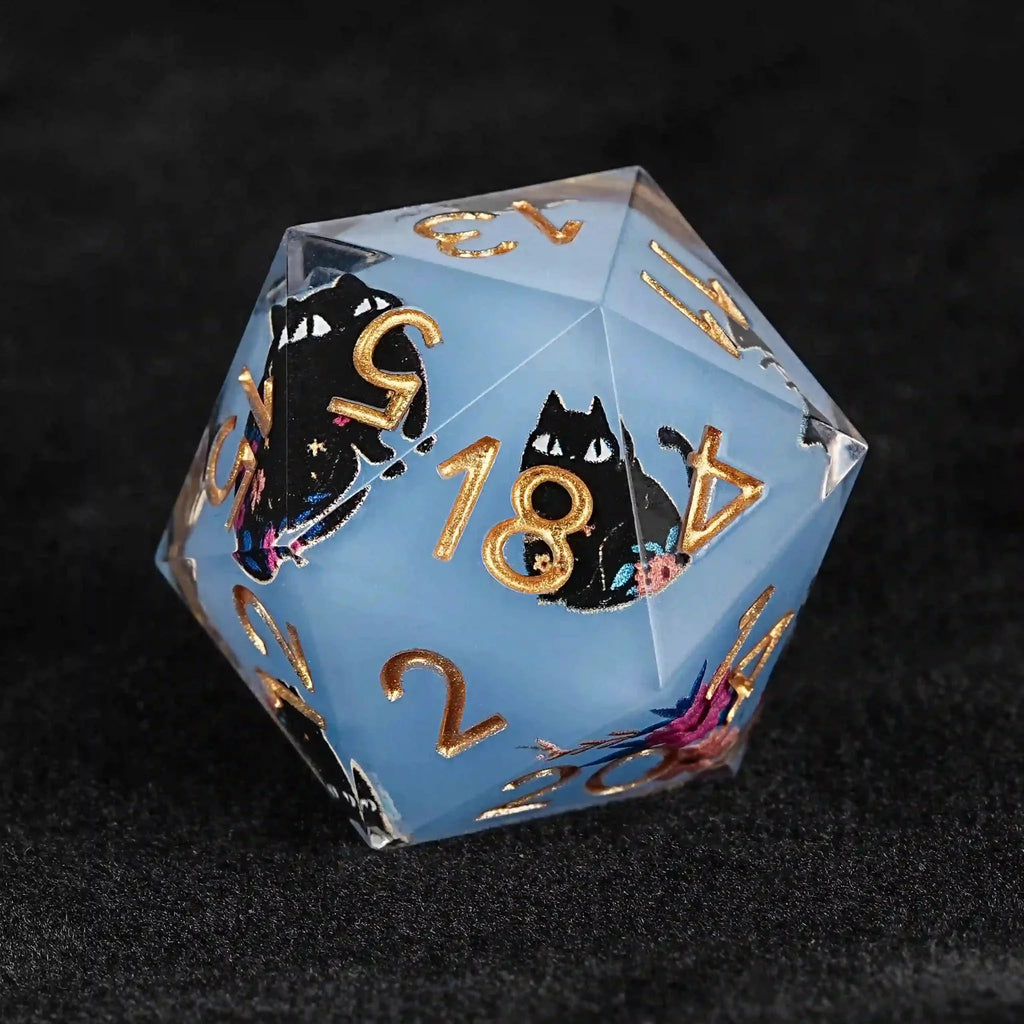Cool dice sets: 7 gold font polyhedron dnd black cat resin dice
