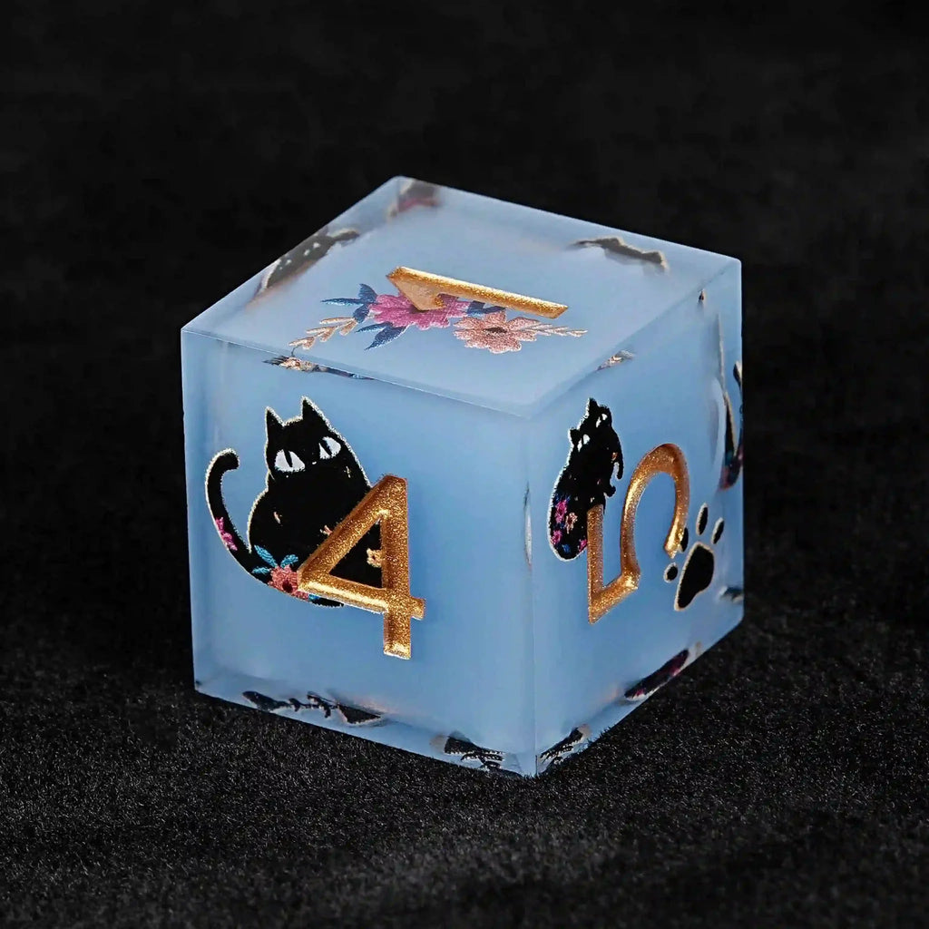 Cool dice sets: 7 gold font polyhedron dnd black cat resin dice