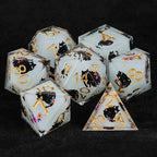 Cool dice sets: 7 gold font polyhedron dnd black cat resin dice