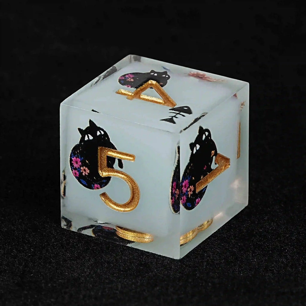 Cool dice sets: 7 gold font polyhedron dnd black cat resin dice
