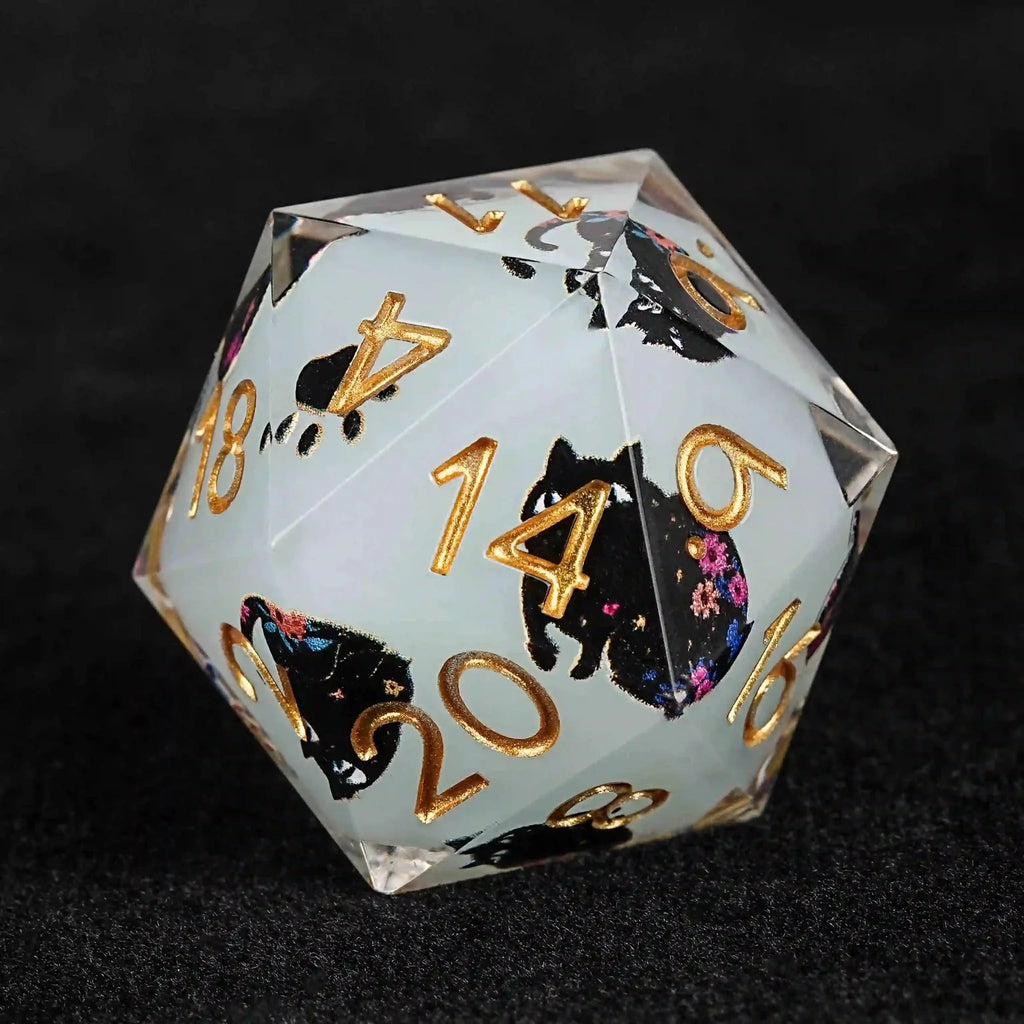 Cool dice sets: 7 gold font polyhedron dnd black cat resin dice