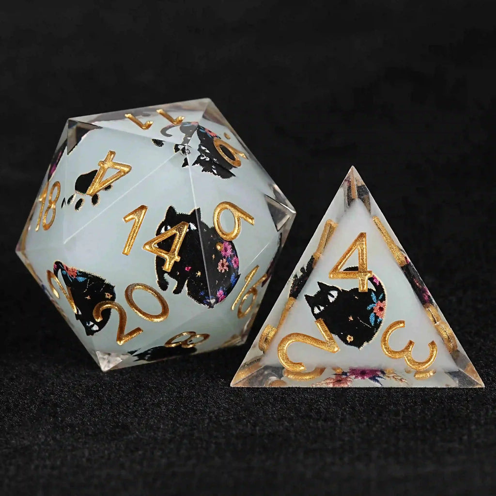 Cool dice sets: 7 gold font polyhedron dnd black cat resin dice