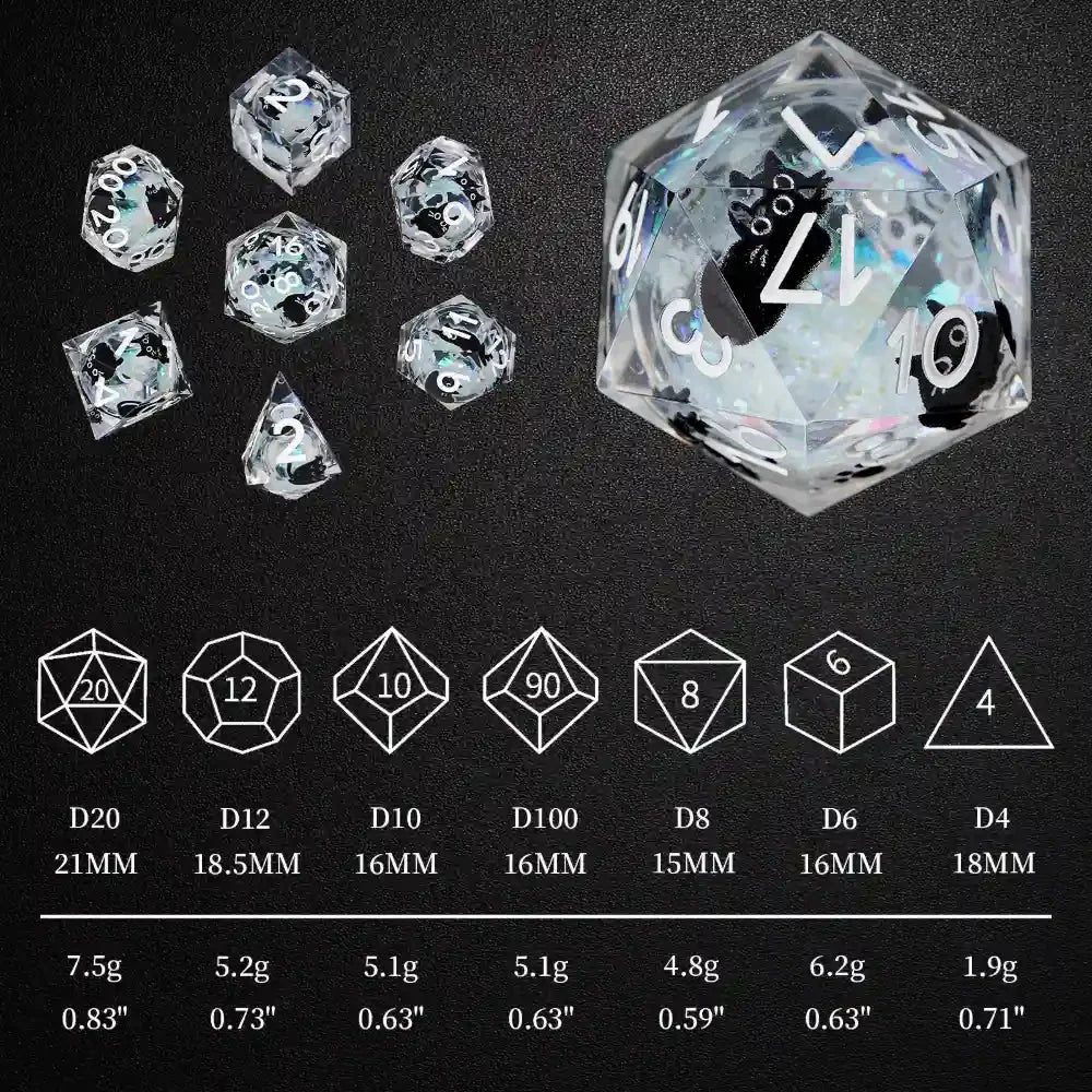 Cool dice sets: 7 gold font polyhedron dnd black cat resin dice