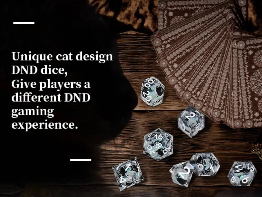 Cool dice sets: 7 gold font polyhedron dnd black cat resin dice