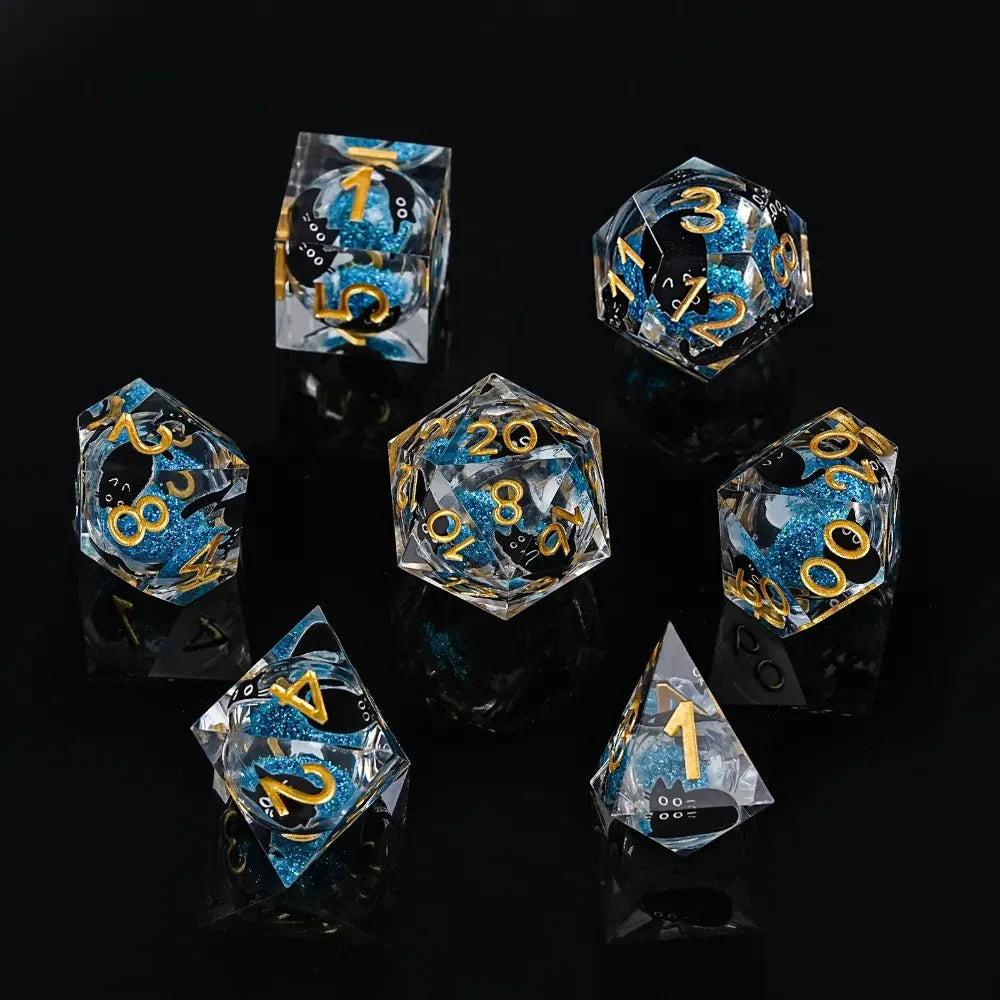 Cool dice sets: 7 gold font polyhedron dnd black cat resin dice