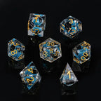 Cool dice sets: 7 gold font polyhedron dnd black cat resin dice