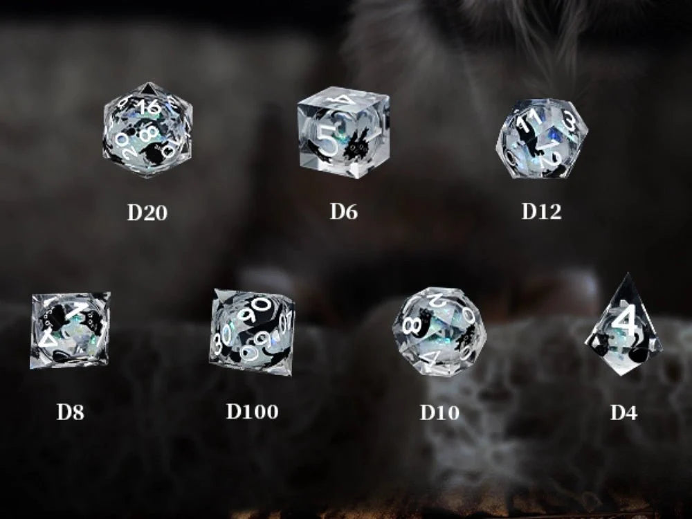 Cool dice sets: 7 gold font polyhedron dnd black cat resin dice