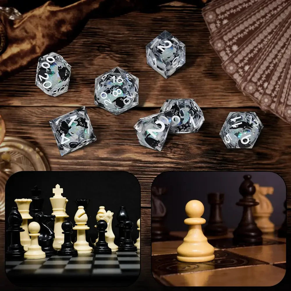 Cool dice sets: 7 gold font polyhedron dnd black cat resin dice