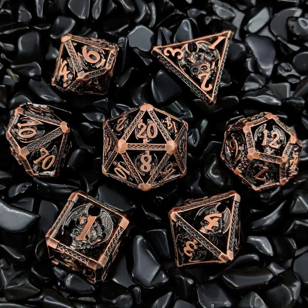 Cool Metal Skull Flying Dragon Hollow DND Dice Set