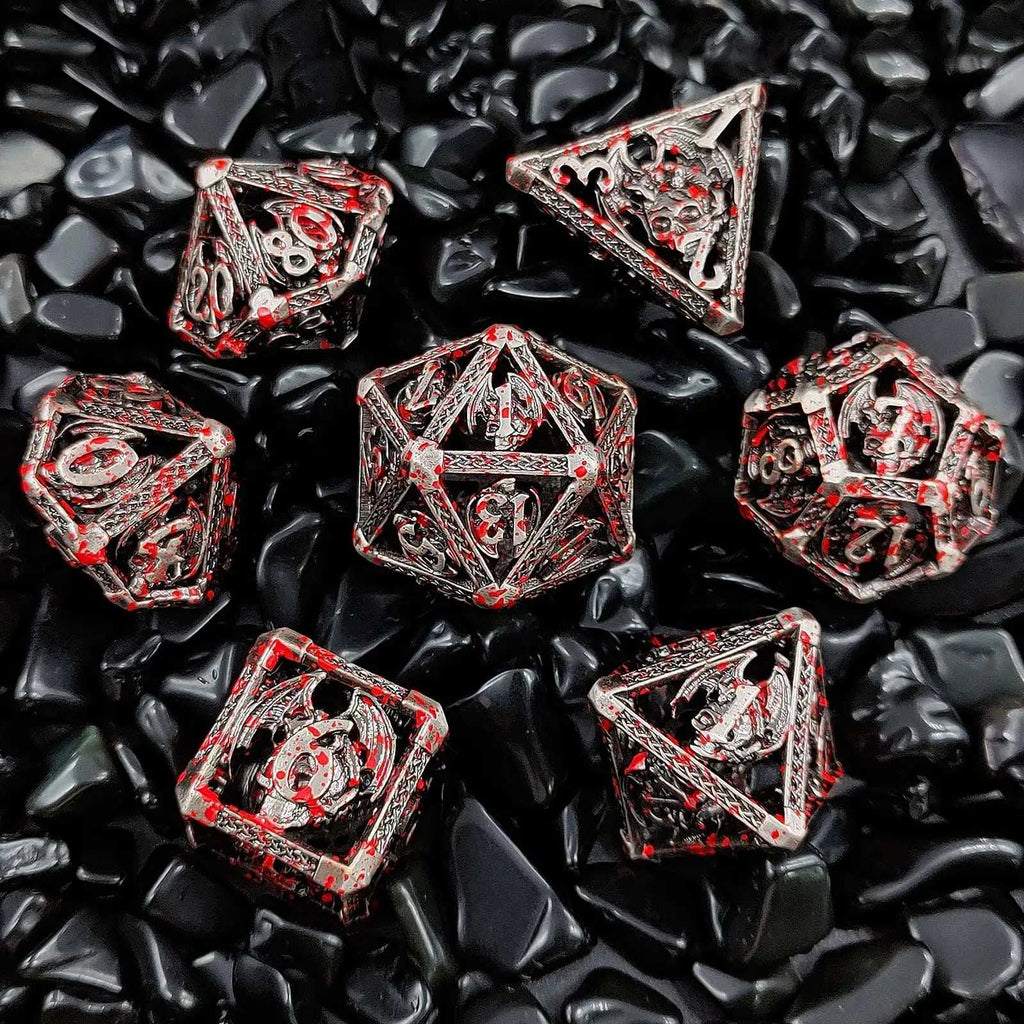 Cool Metal Skull Flying Dragon Hollow DND Dice Set