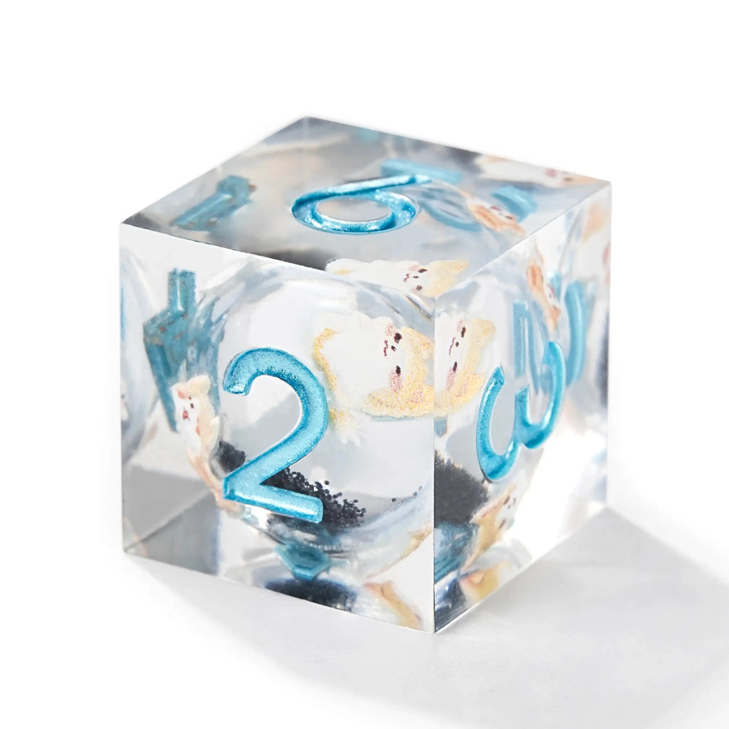 Cute Anime Corgi Puppy Black Quicksand Liquid Core Resin Polyhedron Dice Set + Blue Font