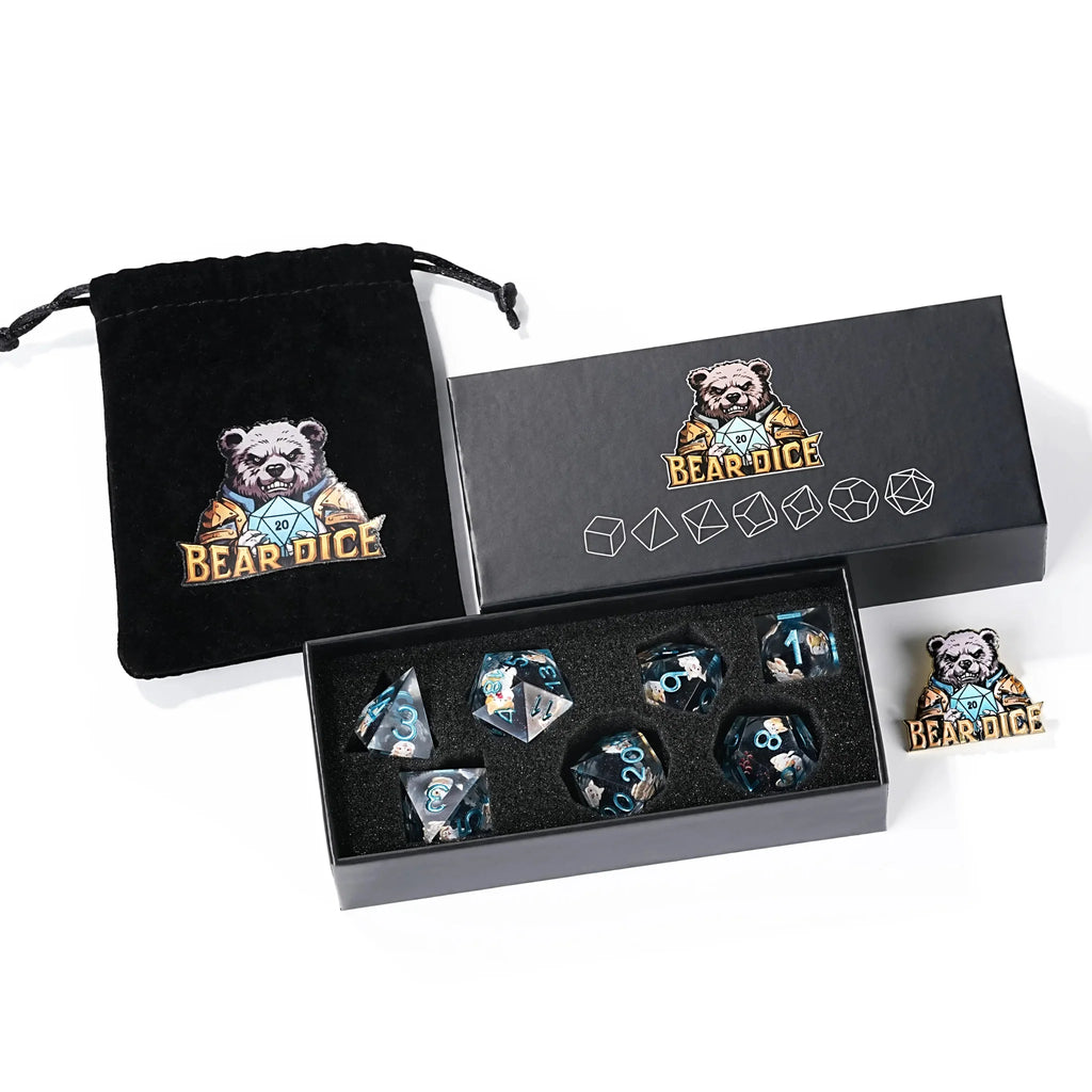 Cute Anime Corgi Puppy Black Quicksand Liquid Core Resin Polyhedron Dice Set + Blue Font