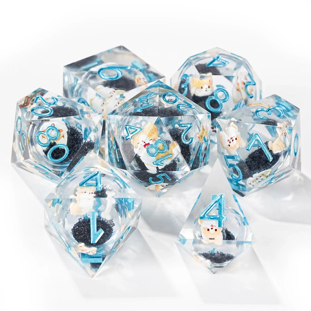 Cute Anime Corgi Puppy Black Quicksand Liquid Core Resin Polyhedron Dice Set + Blue Font