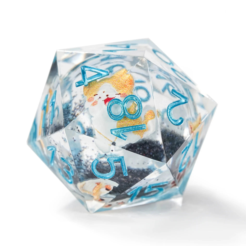 Cute Anime Corgi Puppy Black Quicksand Liquid Core Resin Polyhedron Dice Set + Blue Font