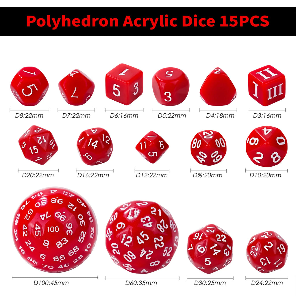 D100-15pcs Red Acrylic Polyhedron Dice Set