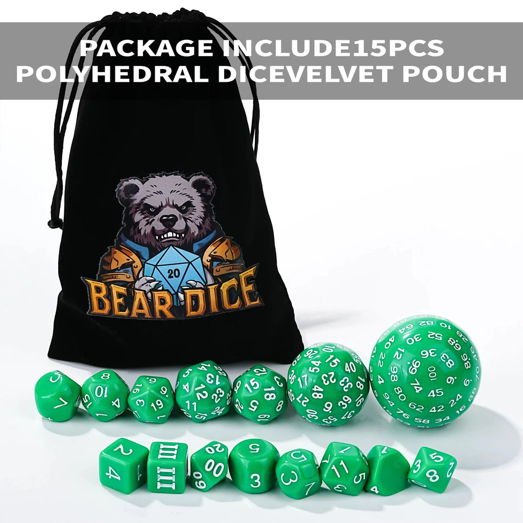 Roll D100 Dice Set - 15 Green Acrylic Polyhedron Dice
