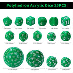 Roll D100 Dice Set - 15 Green Acrylic Polyhedron Dice