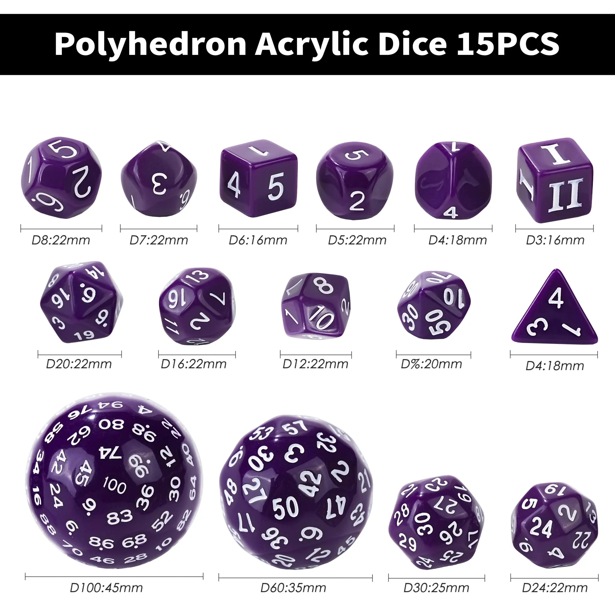 Roll D100 Dice Set – 15 Pieces Purple Acrylic Polyhedral Dice