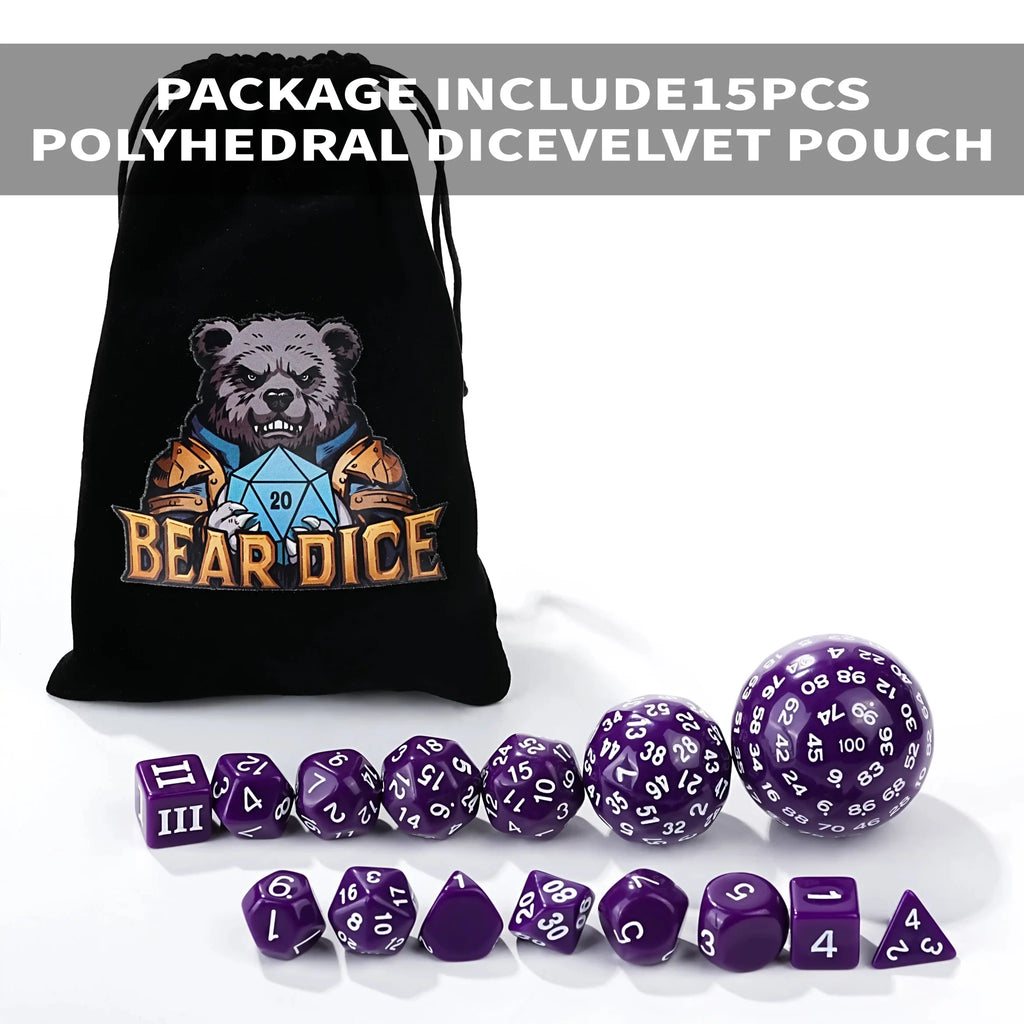 Roll D100 Dice Set – 15 Pieces Purple Acrylic Polyhedral Dice