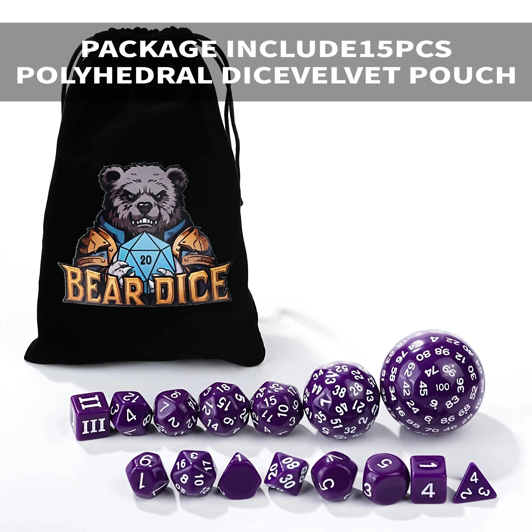 Roll D100 Dice Set – 15 Pieces Purple Acrylic Polyhedral Dice