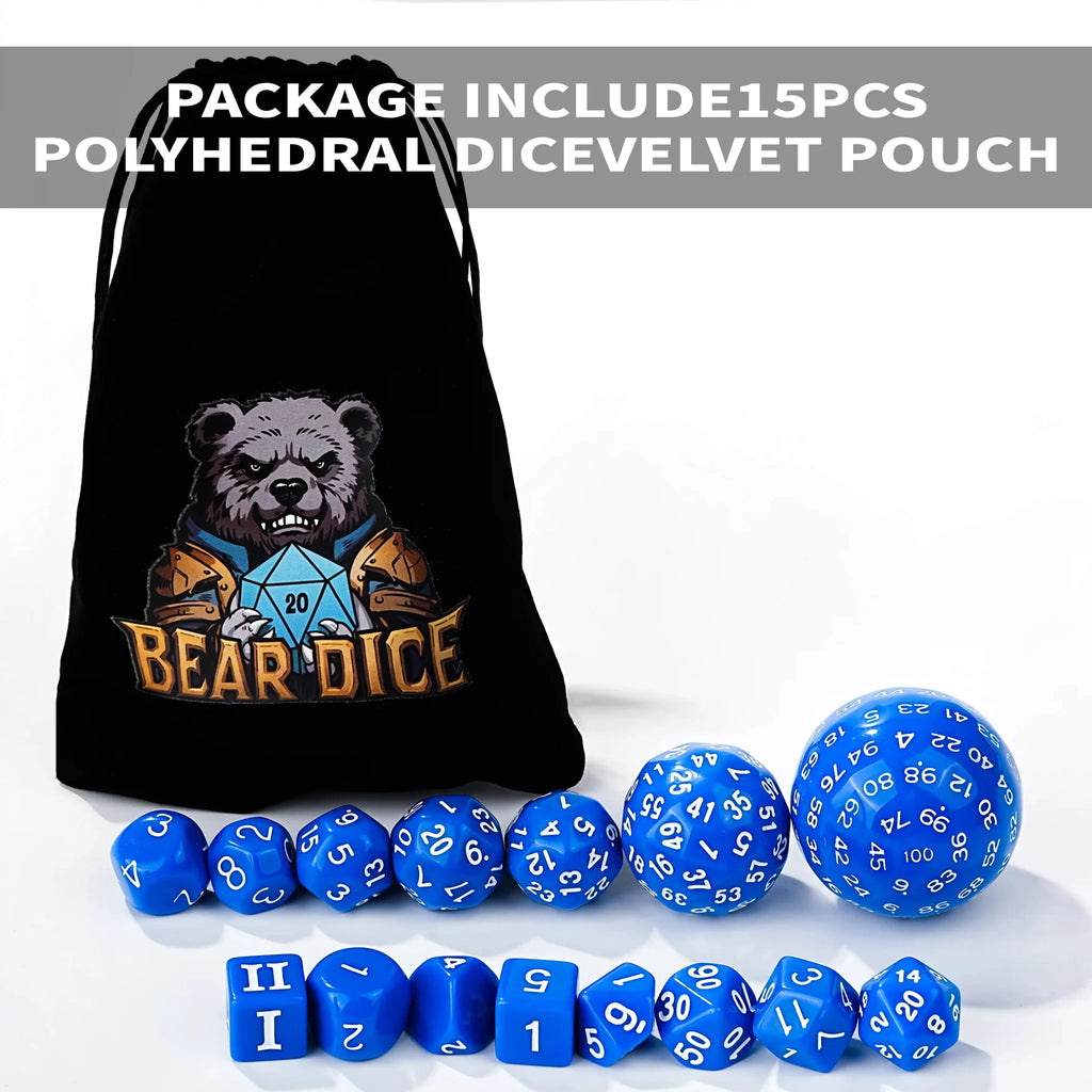 Roll D100 Dice Set - 15pcs Blue Acrylic Polyhedron Dice
