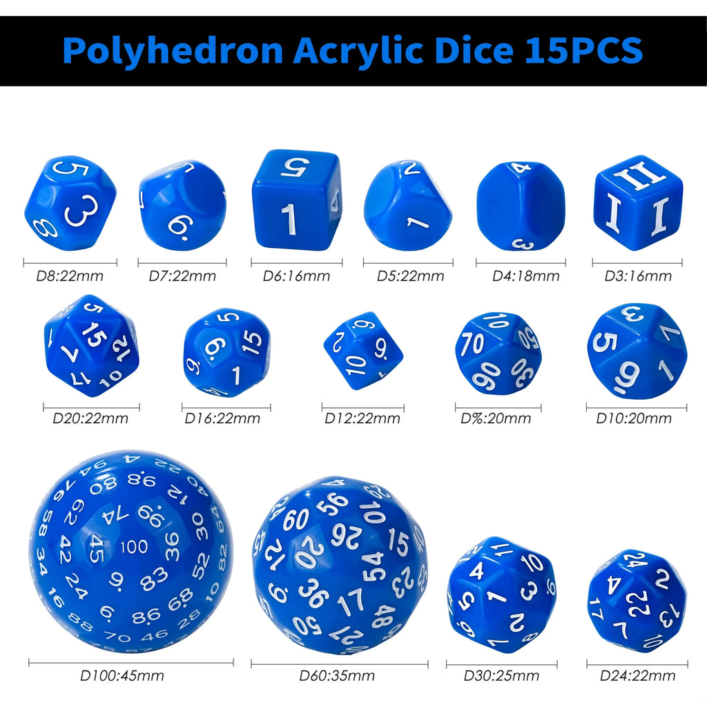 Roll D100 Dice Set - 15pcs Blue Acrylic Polyhedron Dice