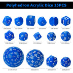 Roll D100 Dice Set - 15pcs Blue Acrylic Polyhedron Dice